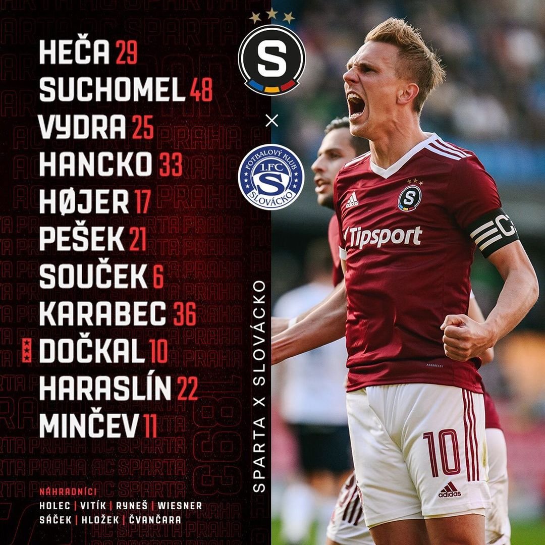 1️⃣1️⃣ SESTAVA | Do utkání proti Slovácku vyšle Michal Horňák tento tým:

? Heča - Suchomel, Vydra, Hancko, Højer - Pešek, Souček, Karabec, Dočkal, Haraslín - Minčev.

❗ Zdraví do hry nepustí Pavelku, Čelůstku a Panáka. #acsparta